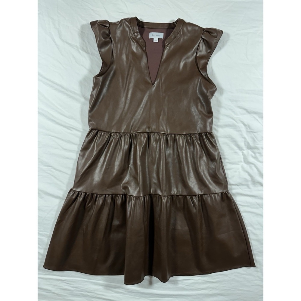 Pre-Owned Evereve Brown Size Small Faux Leather Short Short Sleeve Dress‎